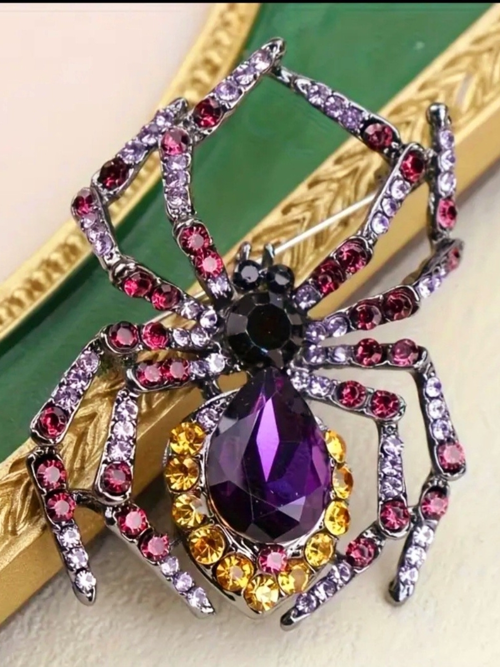 Spider Brooch Pin with Purple, Black  & Yellow Crystals